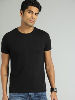 Men Solid Round Neck Cotton Black T-Shirt