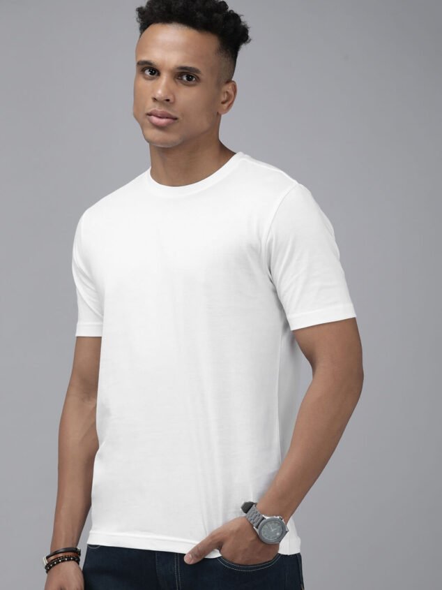 Men Solid Round Neck Cotton White T-Shirt