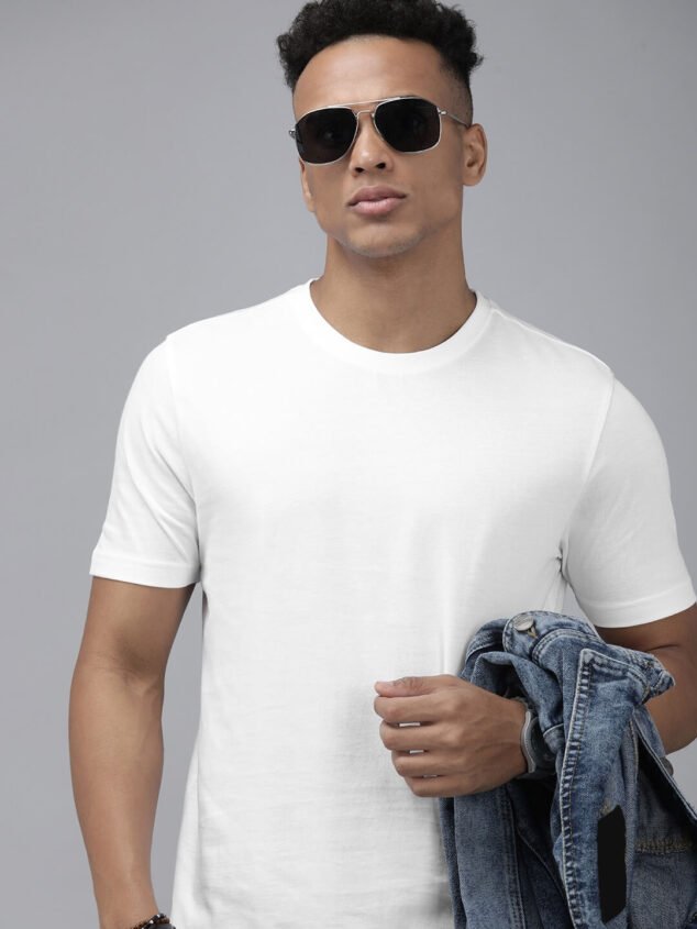 Men Solid Round Neck Cotton White T-Shirt