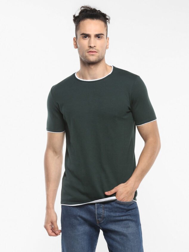 Men Solid Round Neck Popcorn Cotton Green T-Shirt