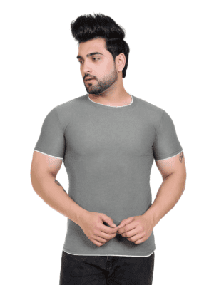 Men Solid Round Neck Popcorn Cotton Grey T-Shirt