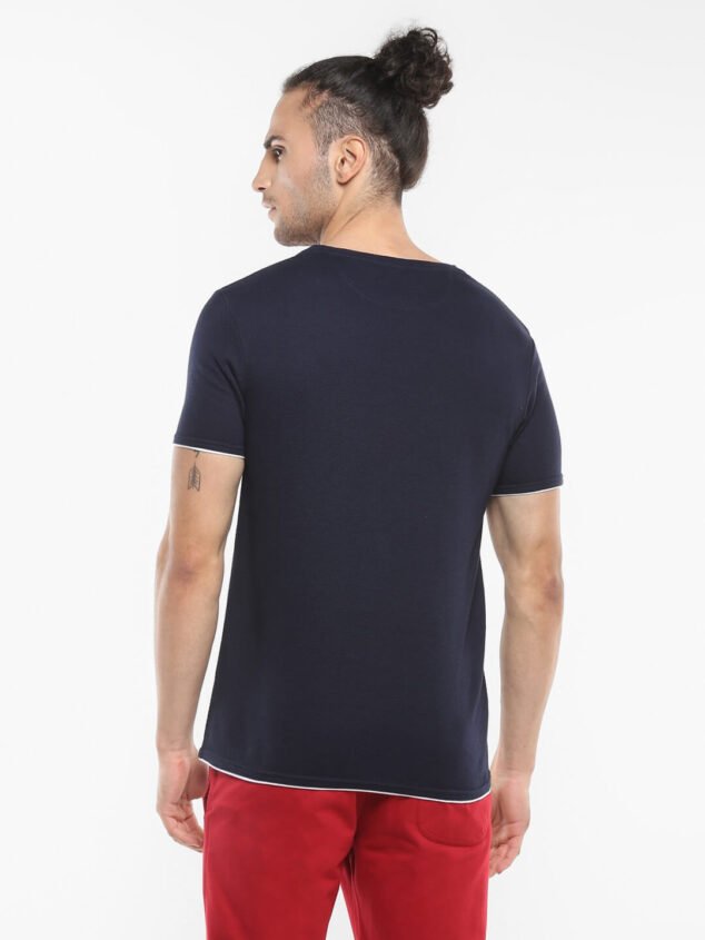 Men Solid Round Neck Popcorn Cotton Navy Blue T-Shirt