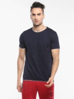 Men Solid Round Neck Popcorn Cotton Navy Blue T-Shirt